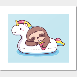 Cute Sloth Chilling On Unicorn Pool Float Posters and Art